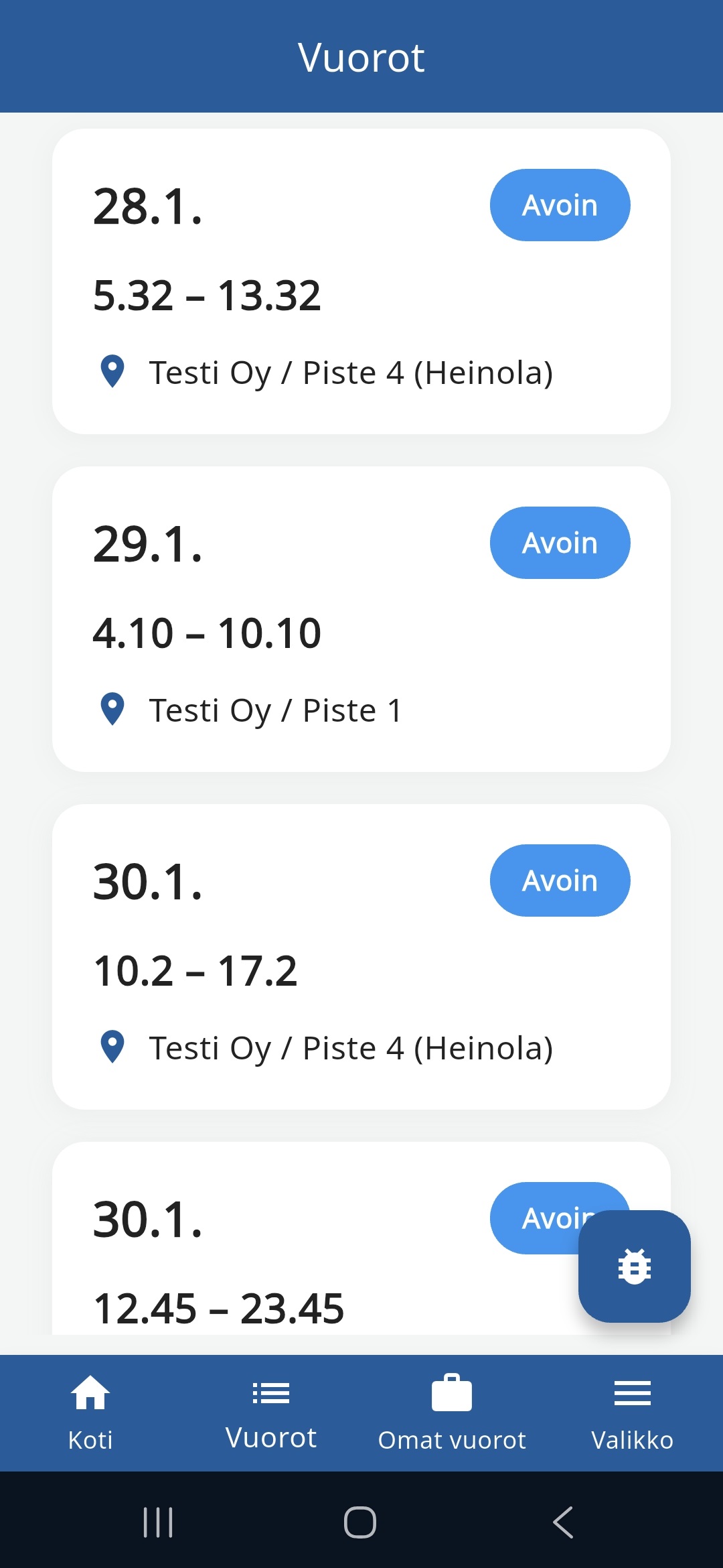 Ringupp-vuorojen listanäkymä