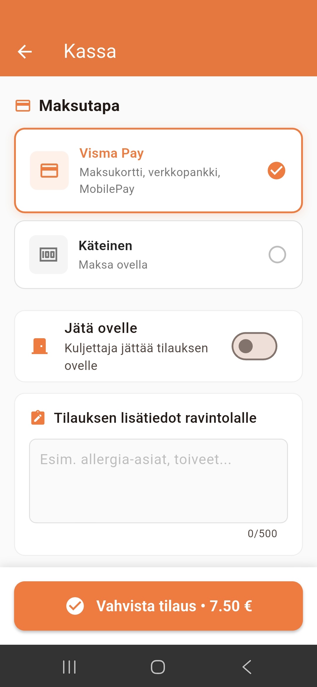 Safka-kassa ja maksuvaihe